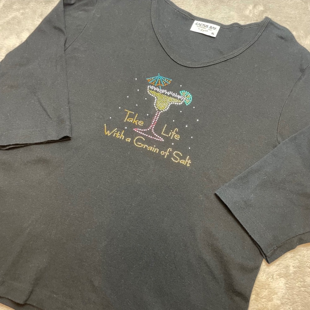 Cactus Bay Womens Rhinestone Margarita Shirt Size XL Black Graphic Tee 3/4 Slv